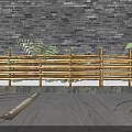 Natural Wooden Hinged Door in Courtyard with Stone Wall Green Plants and Curved Ground Design