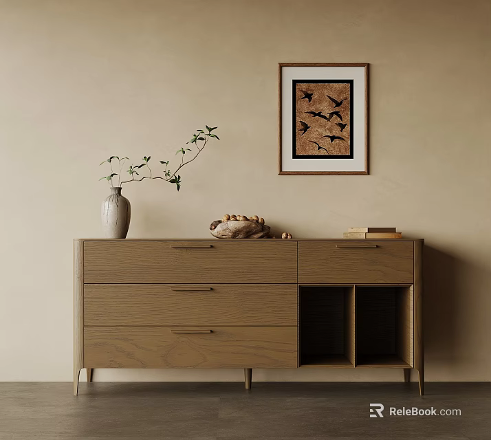 Beige Wall With Framed Black Bird Art Wooden Cabinet Holding Vase Plant Shells And Books 3d model 
