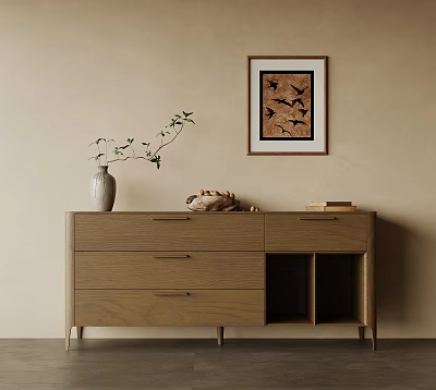 Beige Wall With Framed Black Bird Art Wooden Cabinet Holding Vase Plant Shells And Books 3d model