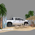 Outdoor Garden Landscape With Palm Trees Beach Chairs Surfboards And White Pickup Truck
