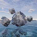 Geometric Shaped Metallic Landscape Sculptures Floating On Water With Reflections And Blue Sky White Clouds