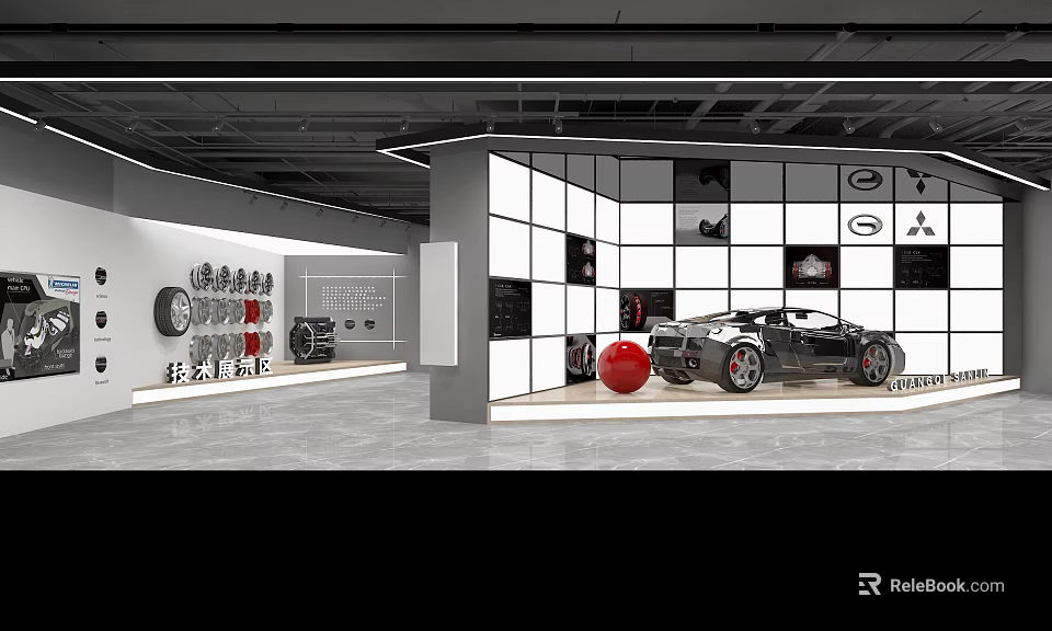 Modern Exhibition Event Gateway with Car Model Tire Display and Grid Wall Design 3d model 