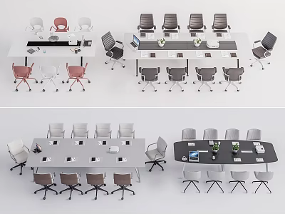 Modern Conference Tables For Office With Rectangular Oval Shapes Colored Chairs And Desktop Items 3d model
