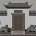 Traditional Chinese Entrance With Eaves Roof Dark Wooden Door Golden Knockers Hexagonal Windows Stone Decor And Greenery