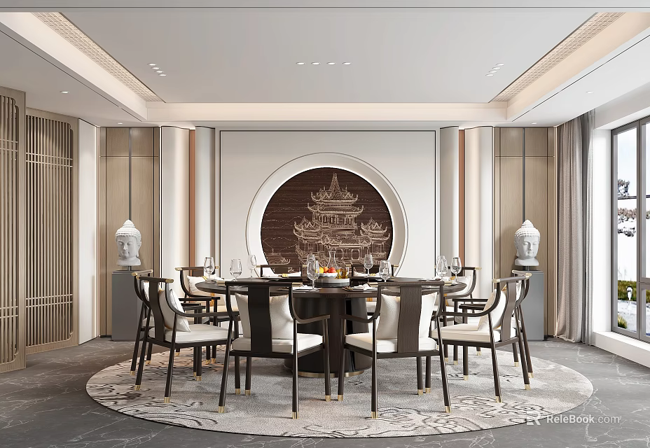 Chinese Style Private Dining Room With Round Table And Chairs 3d model