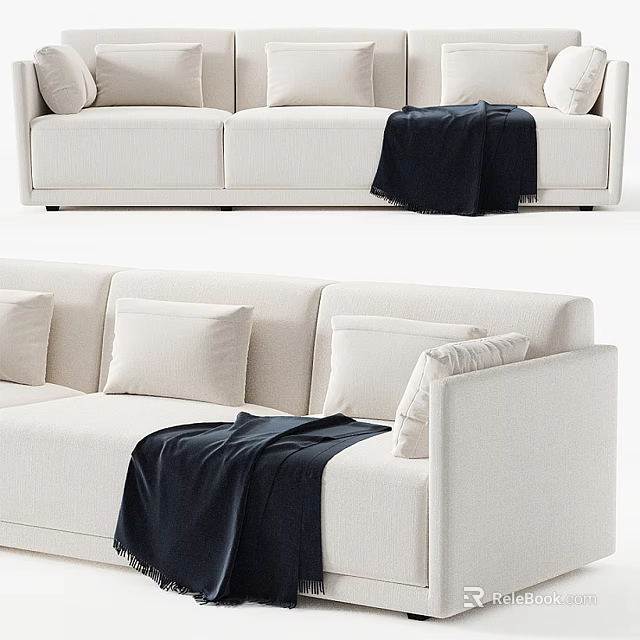 Modern Beige Three Seater Sofa with Soft Pillows and Dark Throw Blanket 3d model 
