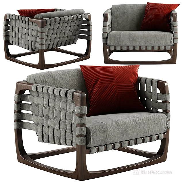 Modern Leisure Chair With Woven Armrests Wooden Frame Gray Cushion And Red Pillow 3d model 