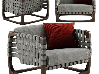 Modern Leisure Chair With Woven Armrests Wooden Frame Gray Cushion And Red Pillow 3d model