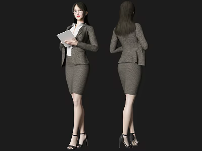 Business Woman In Checked Suit Skirt With High Heels Holding Document Front And Back View 3d model