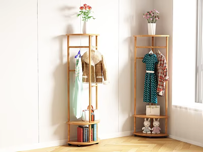 Wooden Corner Coat Racks With Hanging Clothes Bottom Shelves Books Flower Vases And Stuffed Toys 3d model
