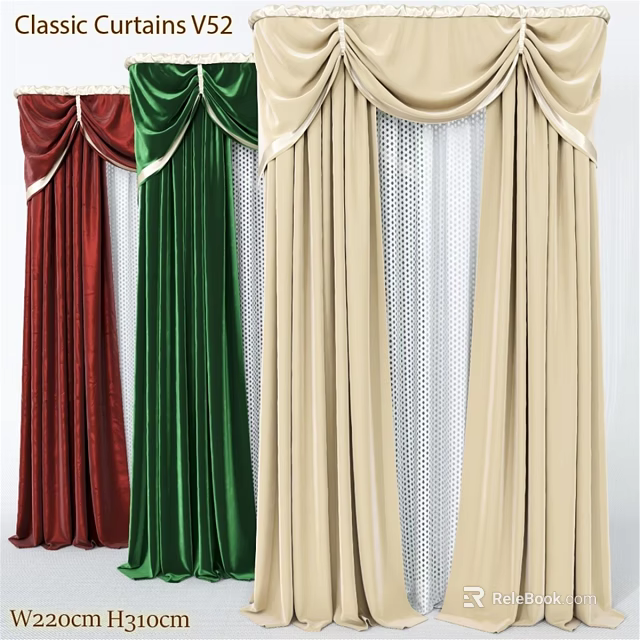 Elegant Pleated Red Green And Beige Curtains With White Sheer Layers 3d model 