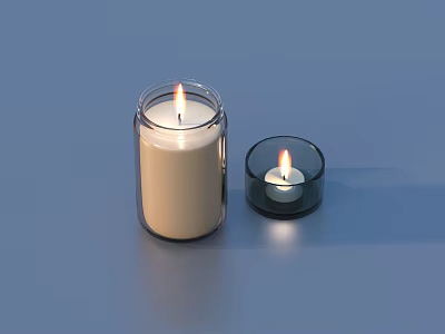 Lit Beige Candle In Transparent Glass Jar And Small Black Glass Container With White Wax 3d model