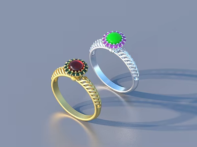 Gold and Silver Rings with Red Green Gemstones and Braided Texture Design 3d model