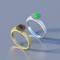 Gold and Silver Rings with Red Green Gemstones and Braided Texture Design