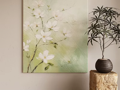 Floral Wall Art With White Flowers Green Background And Potted Plant On Wooden Stump 3d model