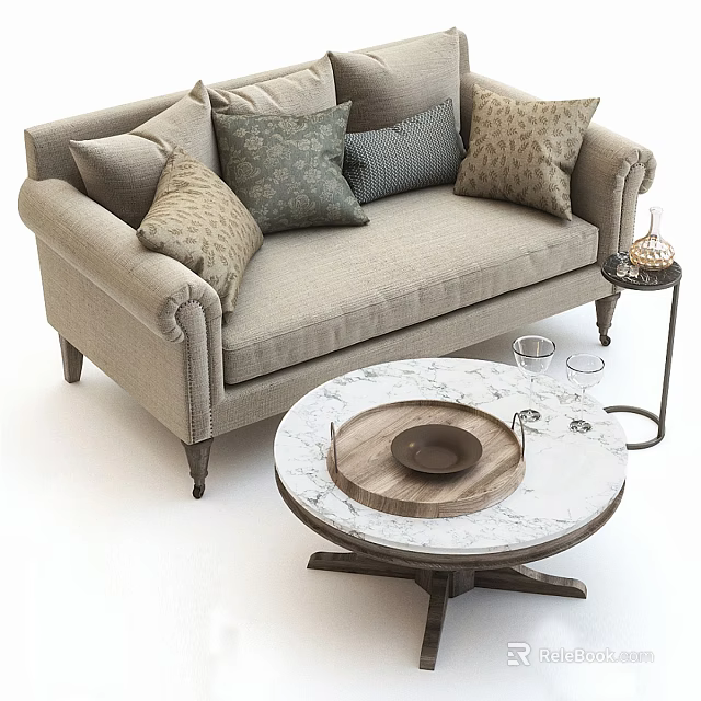 Beige Multi Seater Sofa with Patterned Pillows and Marble Coffee Table in Living Room 3d model