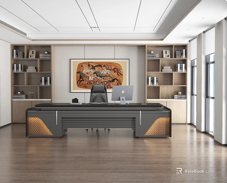 Modern Office Interior With Large Desk Black Chair Computer Decorative Painting Bookshelves And Bright Lighting 3d model 
