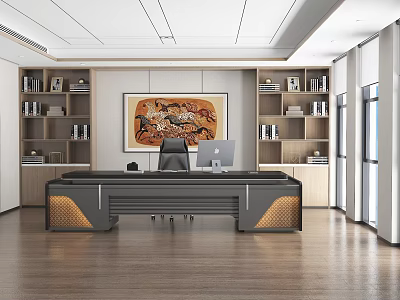 Modern Office Interior With Large Desk Black Chair Computer Decorative Painting Bookshelves And Bright Lighting 3d model