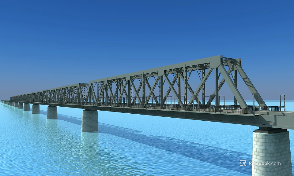 Steel Truss Bridge Spanning Water With Concrete Piers Against Blue Sky 3d model 