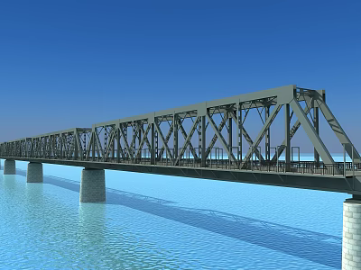 Steel Truss Bridge Spanning Water With Concrete Piers Against Blue Sky 3d model