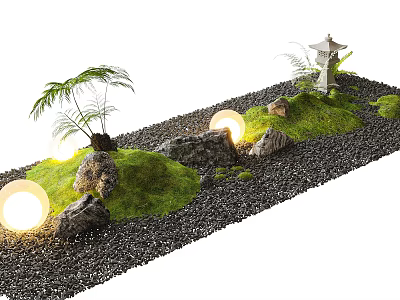 Zen Indoor Landscape With Green Moss Stones Gravel And Mini Pagoda Lights 3d model