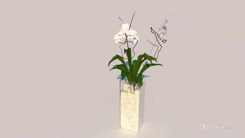 Transparent Vase With White Flowers Green Leaves White Pebbles And Decorative Branches 3d model 