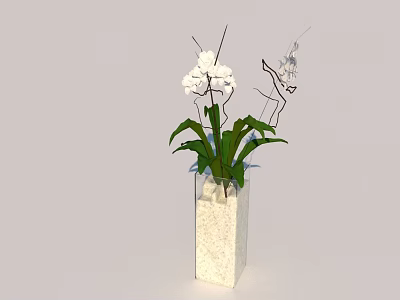 Transparent Vase With White Flowers Green Leaves White Pebbles And Decorative Branches 3d model