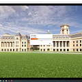 Large European Mansion With Reflecting Pool Blue Sky And Mountain View