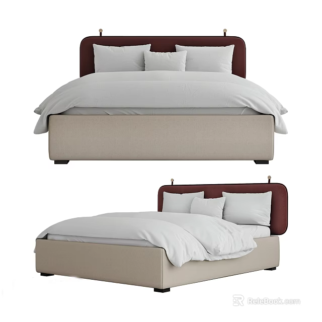 Modern Upholstered Double Bed With Beige Frame White Sheets And Pillows 3d model