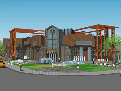 Modern Community Building Exterior With Stone Wood Facade Green Lawn Fountain And Pedestrians 3d model