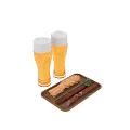 Appetizing Sausages With Crispy Sticks Fresh Herbs On Wooden Tray And Cold Beer