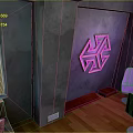 Interior Scene with Gray Walls Purple Neon Geometric Pattern White Chairs Wooden Floor and Window