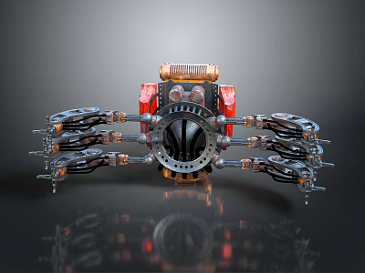 Mechanical Character With Multiple Arms Red Black Components And Gear Driven Mechanical Creature 3d model