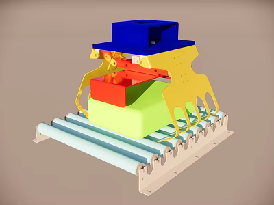 Colorful Mechanical Device Prototype With Blue Yellow Red Green Components And Light Blue Conveyor Track 3d model