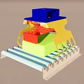 Colorful Mechanical Device Prototype With Blue Yellow Red Green Components And Light Blue Conveyor Track