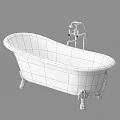 White Freestanding Bathtub Design With Gold Faucet Stand And Blue Water