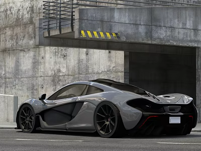 Gray Sports Car Parked Under Concrete Bridge With Yellow Warning Stripes And Sleek Rear Design 3d model