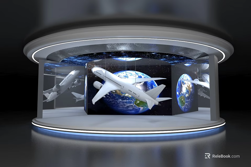 Modern Tech Display Stand With Airplane Models Earth Background And Blue Lighting 3d model 