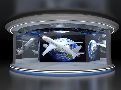 Modern Tech Display Stand With Airplane Models Earth Background And Blue Lighting 3d model