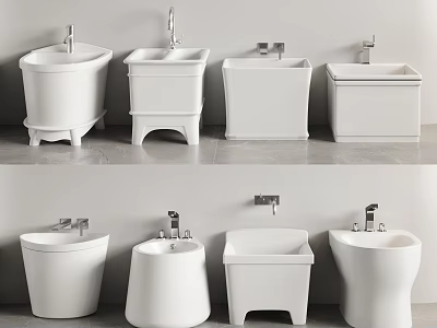 White Bathroom Fixtures With Pedestal Bases And Faucets In Various Designs 3d model