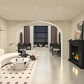 Modern Elegant Lounge Interior With Curved Sofa Coffee Tables And Reception Desk