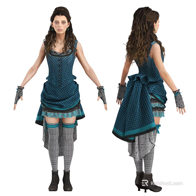 Fashionable Woman In Blue Checkered Dress With Asymmetric Hem Long Socks And Fingerless Gloves 3d model 