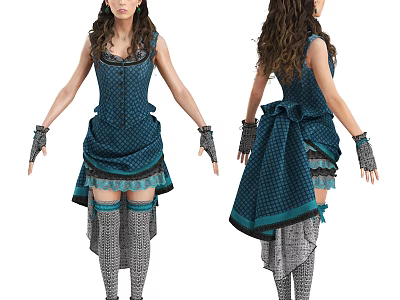 Fashionable Woman In Blue Checkered Dress With Asymmetric Hem Long Socks And Fingerless Gloves 3d model
