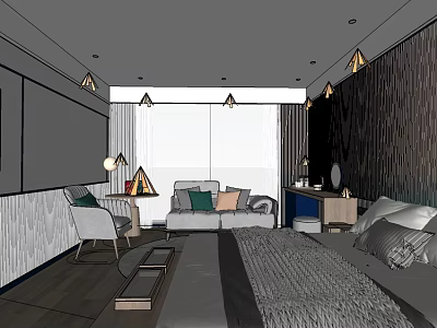 Modern Bedroom Living Room Space With Sofa Bed Pendant Lights And Window Decor 3d model
