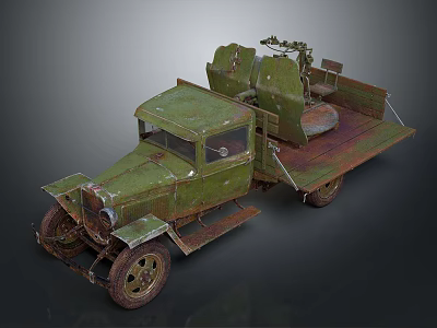 Vintage Green Truck With Rusty Body And Mechanical Device On Flatbed 3d model