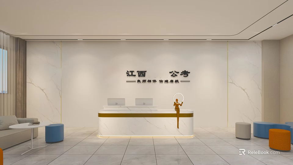 Modern Front Reception Desk For Civil Service Exam Institution With Marble Wall And Golden Decoration 3d model 