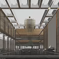Traditional Chinese Style Hotel Corridor With Wooden Ceiling And Plant View Windows