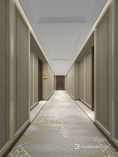 Modern Elevator Hallway With Geometric Carpet Light Walls And Ceiling Lights 3d model 