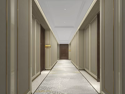 Modern Elevator Hallway With Geometric Carpet Light Walls And Ceiling Lights 3d model