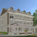Classic Style Townhouse with Multiple Balconies Lush Green Surroundings Front Porch and Arched Windows